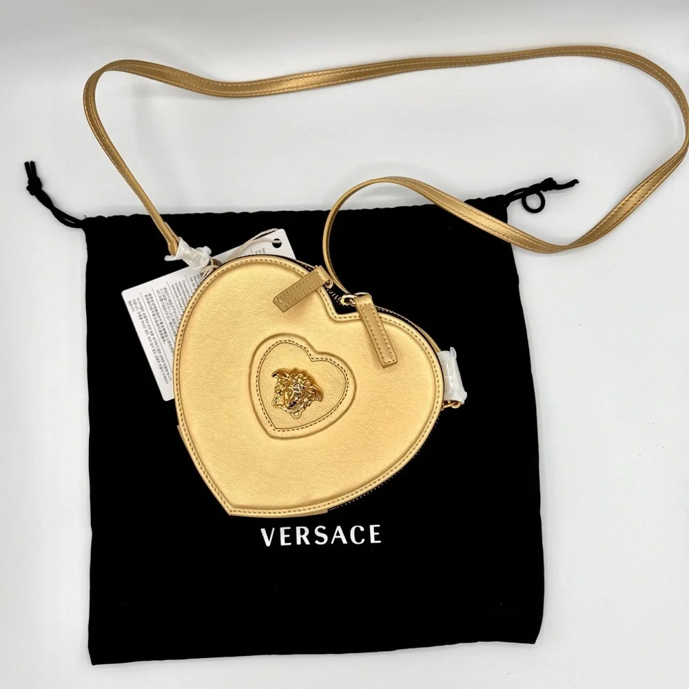 NWT Versace Heart Medusa Crossbody Strap Bag Gold Leather Kids Purse Logo Plaque